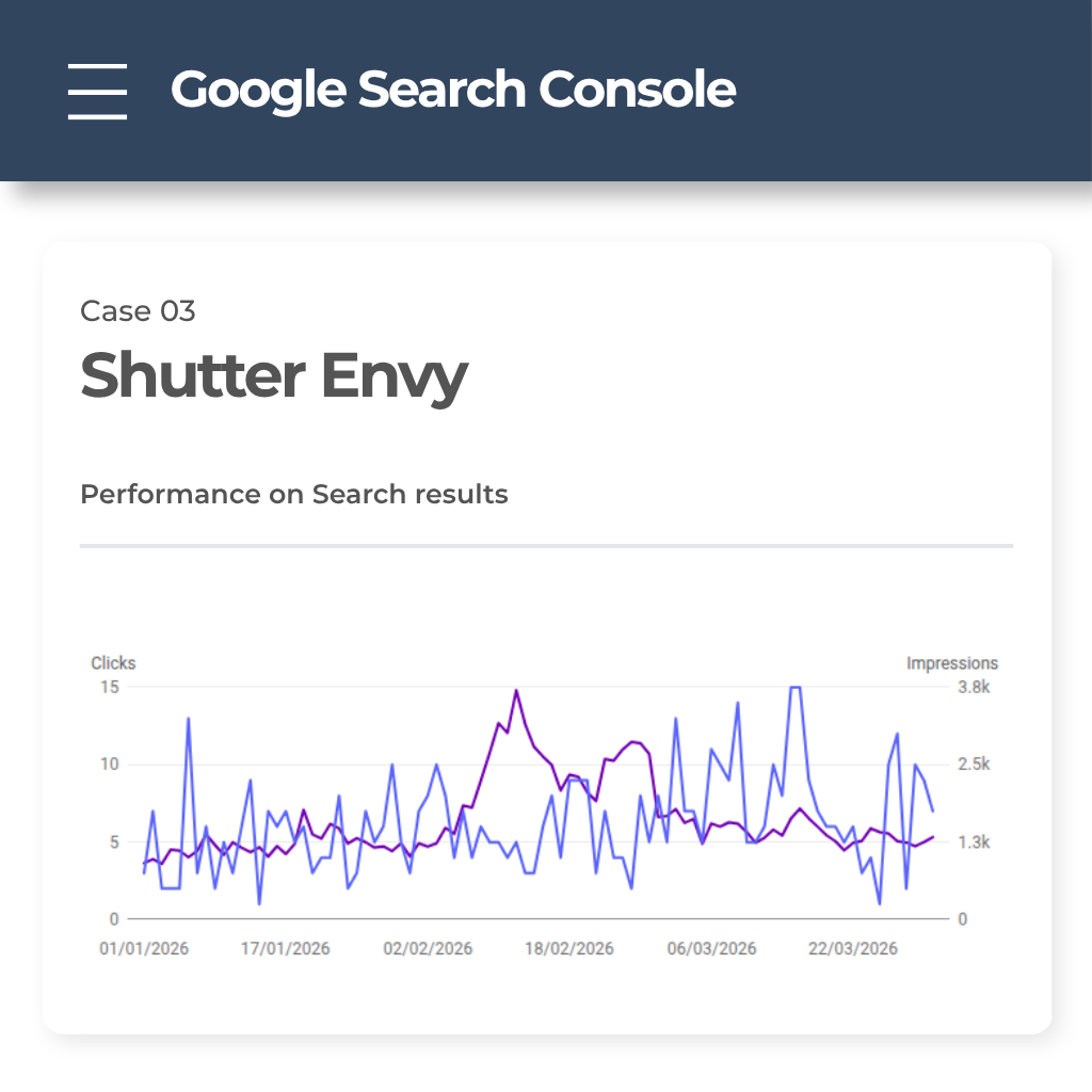 Google Search Console showing SEO growth results for Shutter Envy