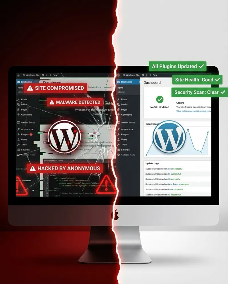 Compromised WordPress site versus a clean, healthy WordPress dashboard